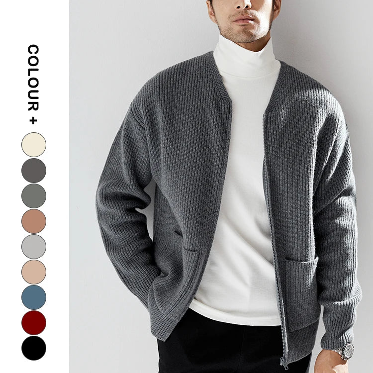 Wholesale High-Quality Zip Front Cardigan Sweater Cashmere Merino Solid Knit Long Sleeve Cardigan Sweater With Pockets