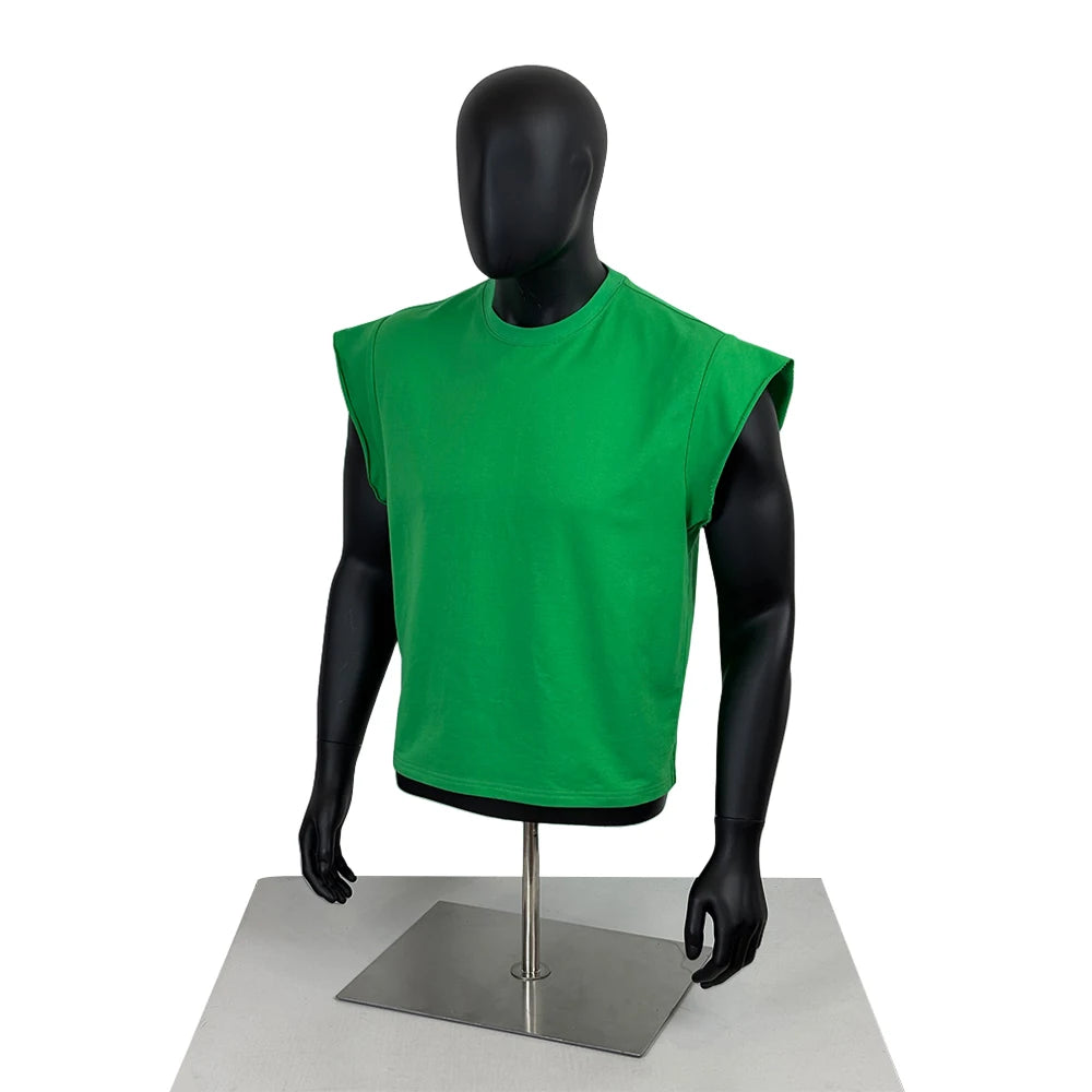TOPSHOW Casual Cotton Custom Crop Ribbed Collar Boxy T Shirt Cut Off Sleeveless French Terry Print Embroidery Tank Top Men