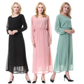 Arab Middle East Dubai Muslim Women's Crew Neck Chiffon Solid Long Sleeves Maxi Dress