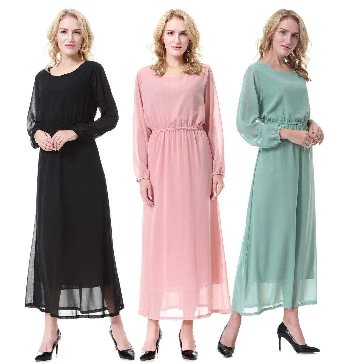 Arab Middle East Dubai Muslim Women's Crew Neck Chiffon Solid Long Sleeves Maxi Dress