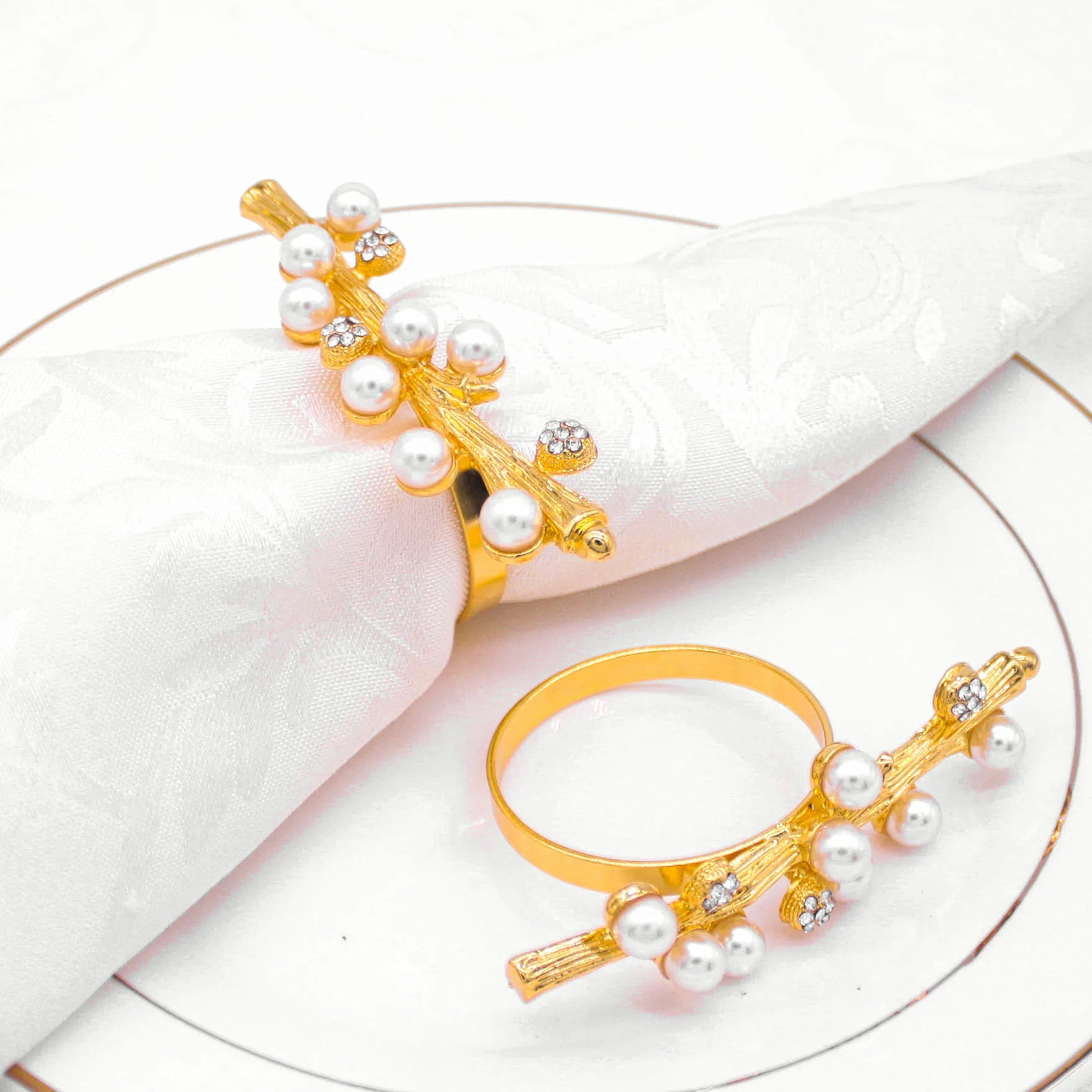 Wedding Table Accessories Gold Metal Rhinestone Wood Branch Shape Pearl Napkin Rings Holder