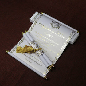 Luxury DIY Handmade Belly Scroll Wedding Invitation Cards White Gold Theme with Tassel Inspired by Music Angel Cross Styles