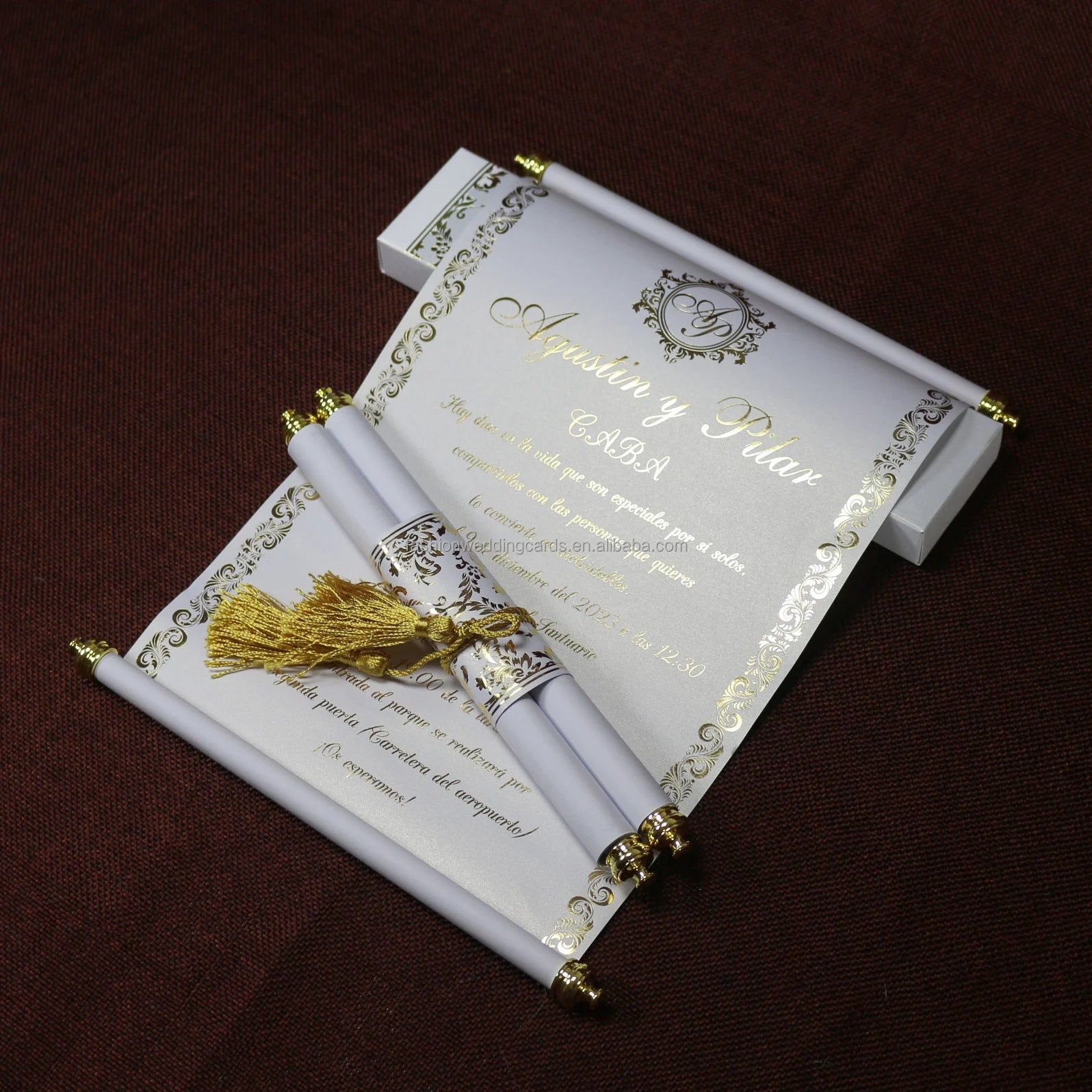 Luxury DIY Handmade Belly Scroll Wedding Invitation Cards White Gold Theme with Tassel Inspired by Music Angel Cross Styles