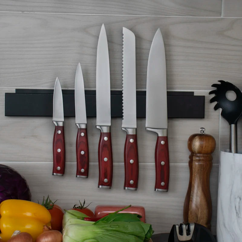 Professional 5-Piece Stainless Steel Kitchen Knife Set Pakka Wood Handles Ambidextrous Design 8-9.9in Blade Length Includes