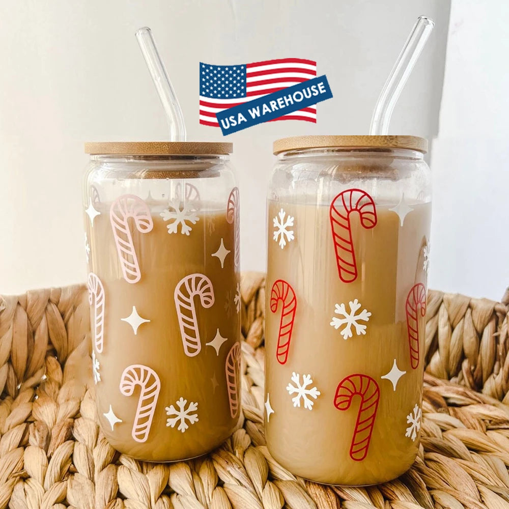 USA Christmas Customized Gifts Reusable UV Printing 16oz 20oz Large Cola Beer Drinking Glass Can Cups with Bamboo Lid and Straw