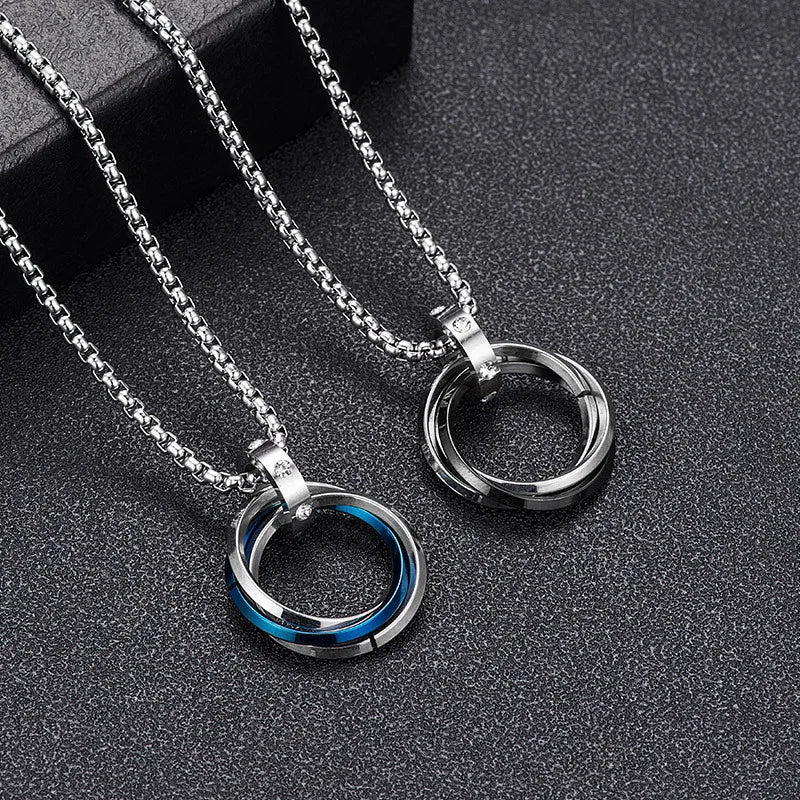 Fashion Stainless Steel Couple Necklace Rhinestone Three Rings Steel Pendent Necklace for Men Women Circle Ring Pendent Necklace
