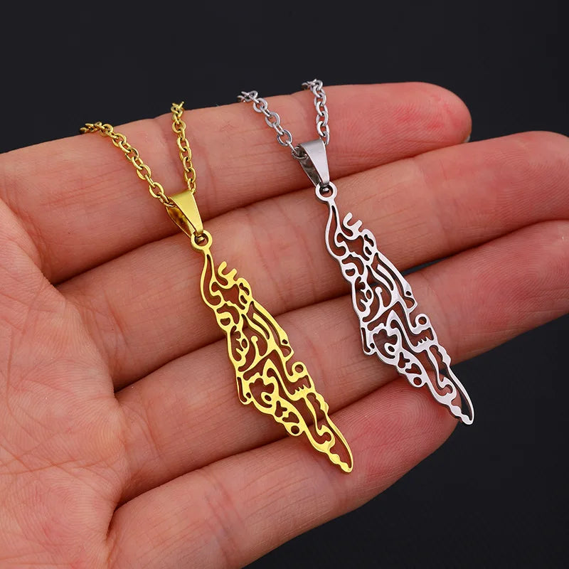 Simple 18K Gold Plated Israel Necklace Palestine Map Pendant Necklace Stainless Steel Hollow Palestine Map Necklace
