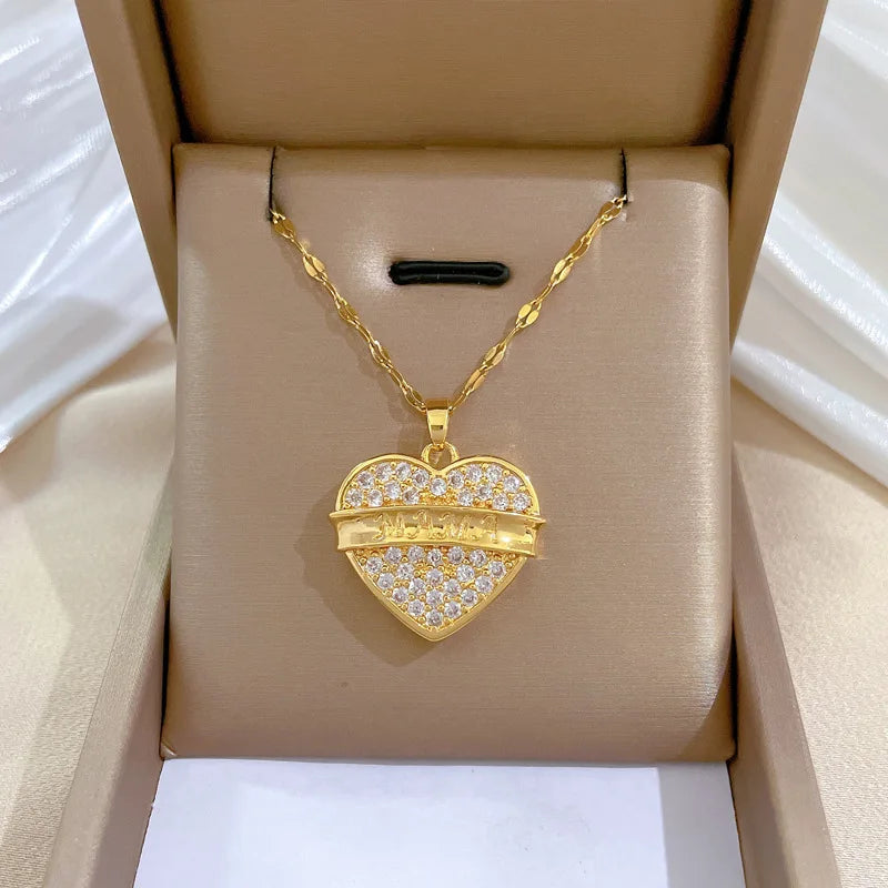 2023 New Design Heart Zircon Necklace MAMA Stainless Steel Necklace Jewelry Mother's Day Gift