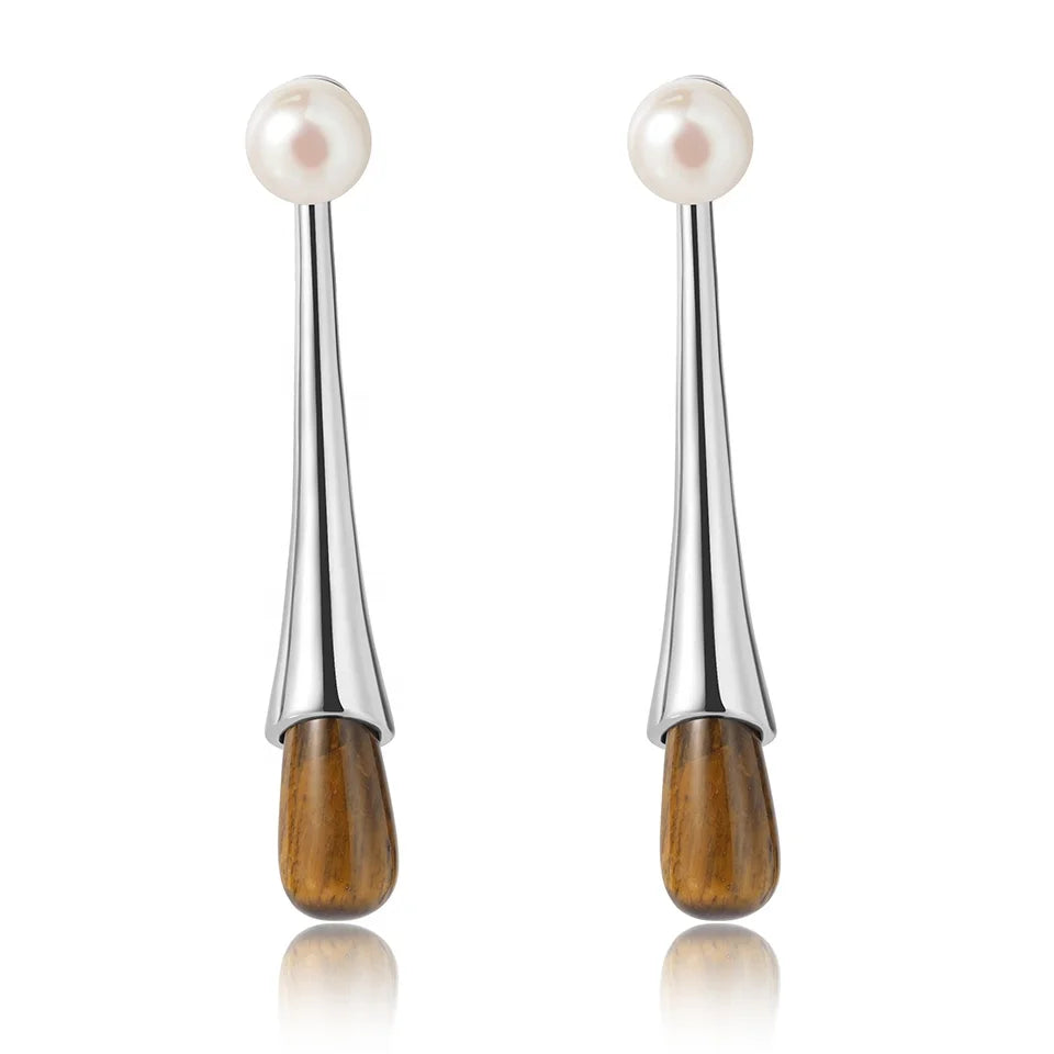 2024 New Personalized Long Brass Electroplated Platinum Inlaid Natural Stone Drop Pearl Earrings Factory Customized Wholesale