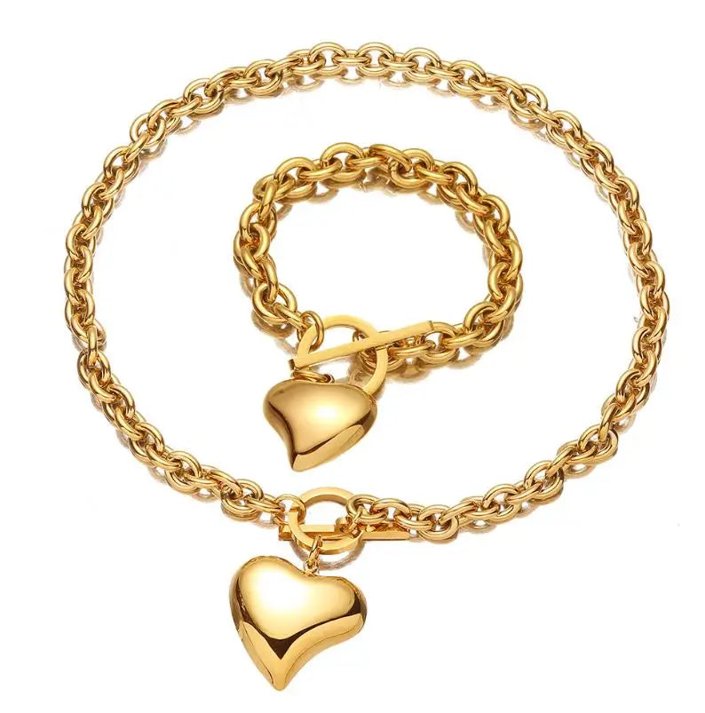 Waterproof O-Shape Hollow Heart Necklace Bracelet 18K Gold Plated Titanium Stainless Steel for Wedding Party Valentine's Day