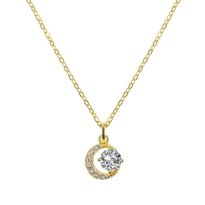 Fine Jewelry 925 Sterling Silver Crescent Moon Pendant 18k Gold Plated Diamond Necklace for Women