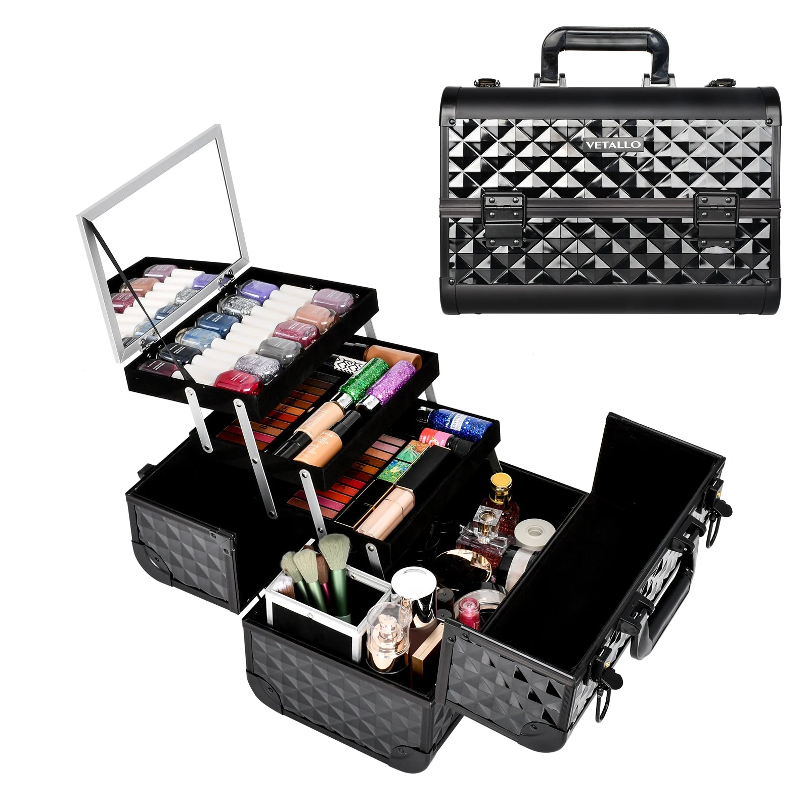 Makeup Vanity Box Makeup Organizer Professional Aluminum Cosmetic Case Beauty Hairdresser Train Case Tray Lockable Lock With Key