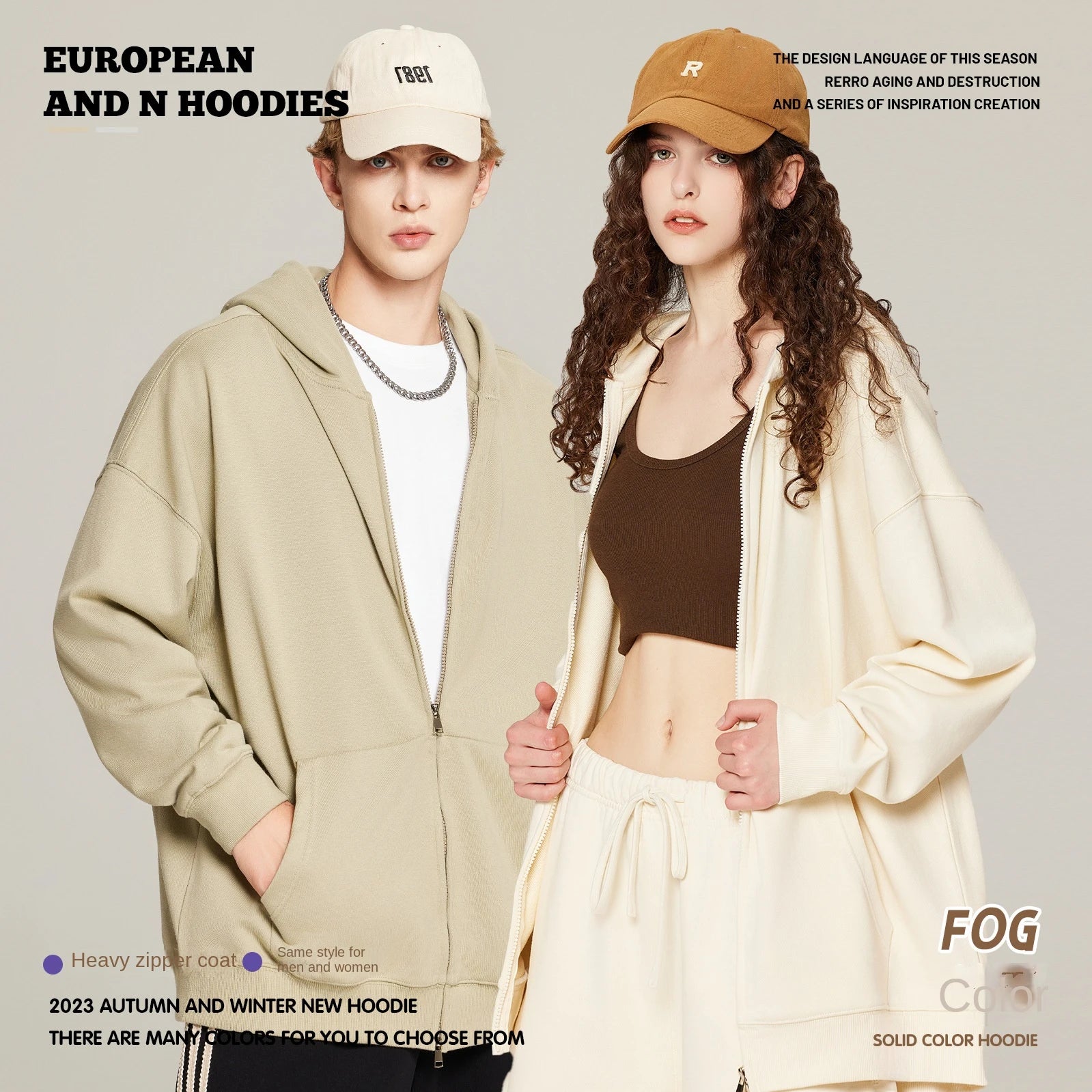 Men's Loose Fit Autumn and Winter New Heavy Hooded Cardigan Zipper Hoodie Coat Solid Color Windproof Eco-Friendly
