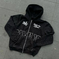 OEM Custom Screen Print Logo Rhinestone Zip up Hoodie Rips Streetwear Fleece Zipper Hoodies for Men