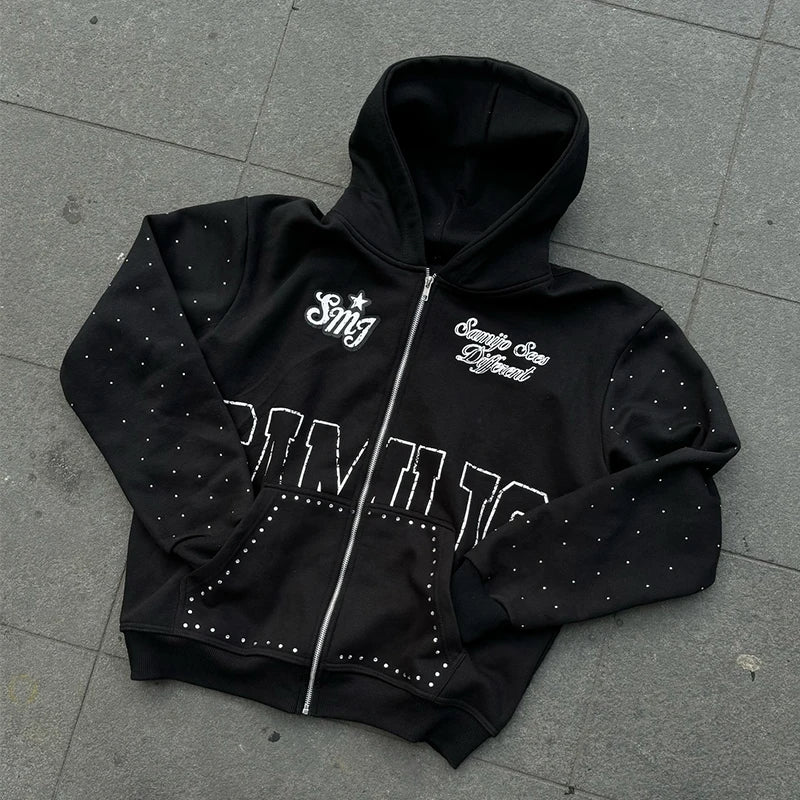 OEM Custom Screen Print Logo Rhinestone Zip up Hoodie Rips Streetwear Fleece Zipper Hoodies for Men