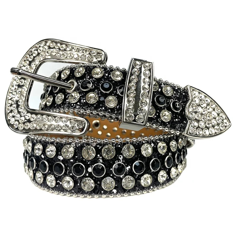 Bling Bling Rhinestones Studded Western Punk Cowboy Cowgirl Crystal Glitter Leather Waist Belt Strap Plastic Customized Length