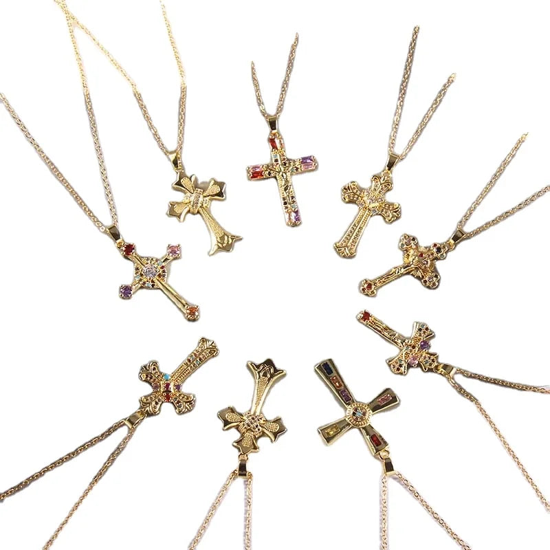 Fashion Designer Women Gift Gold Chain Necklace Crystal Rhinestones Zircon Cross Pendant Colored Stone Stainless Steel Necklace