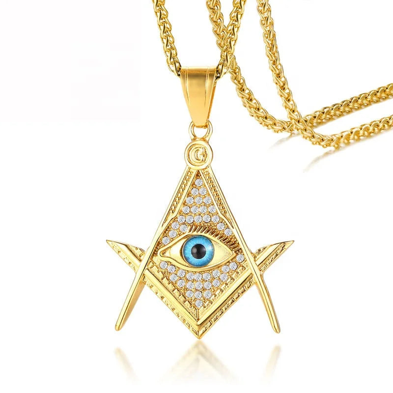 Pvd Gold Plated Masonic Stainless Steel Pendant Rhinestone Necklace Jewelry With Blue Eye
