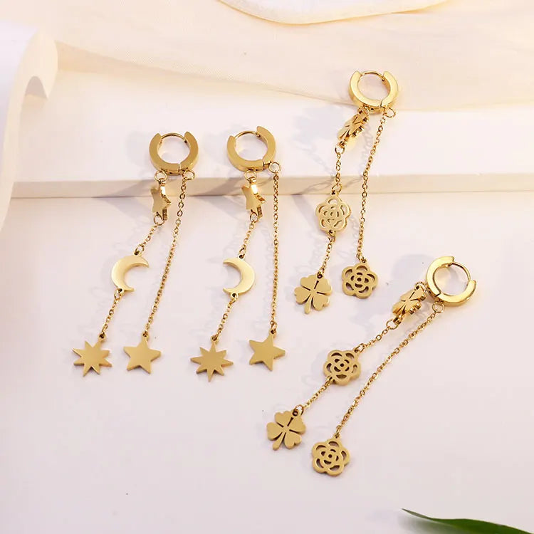 Custom Trendy Stainless Steel 18k Gold Plated Jewelry Long Tassel Earring for Women Star Moon Jewelry Drop Earrings