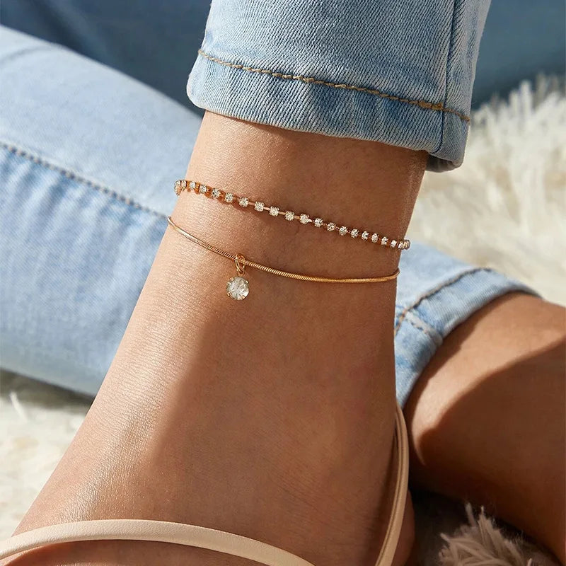 Lady Gold Bling Crystal Tennis Link Chain Anklets for Women Summer Beach Ankle Foot Jewelry Zircon Tennis Anklet for Girl