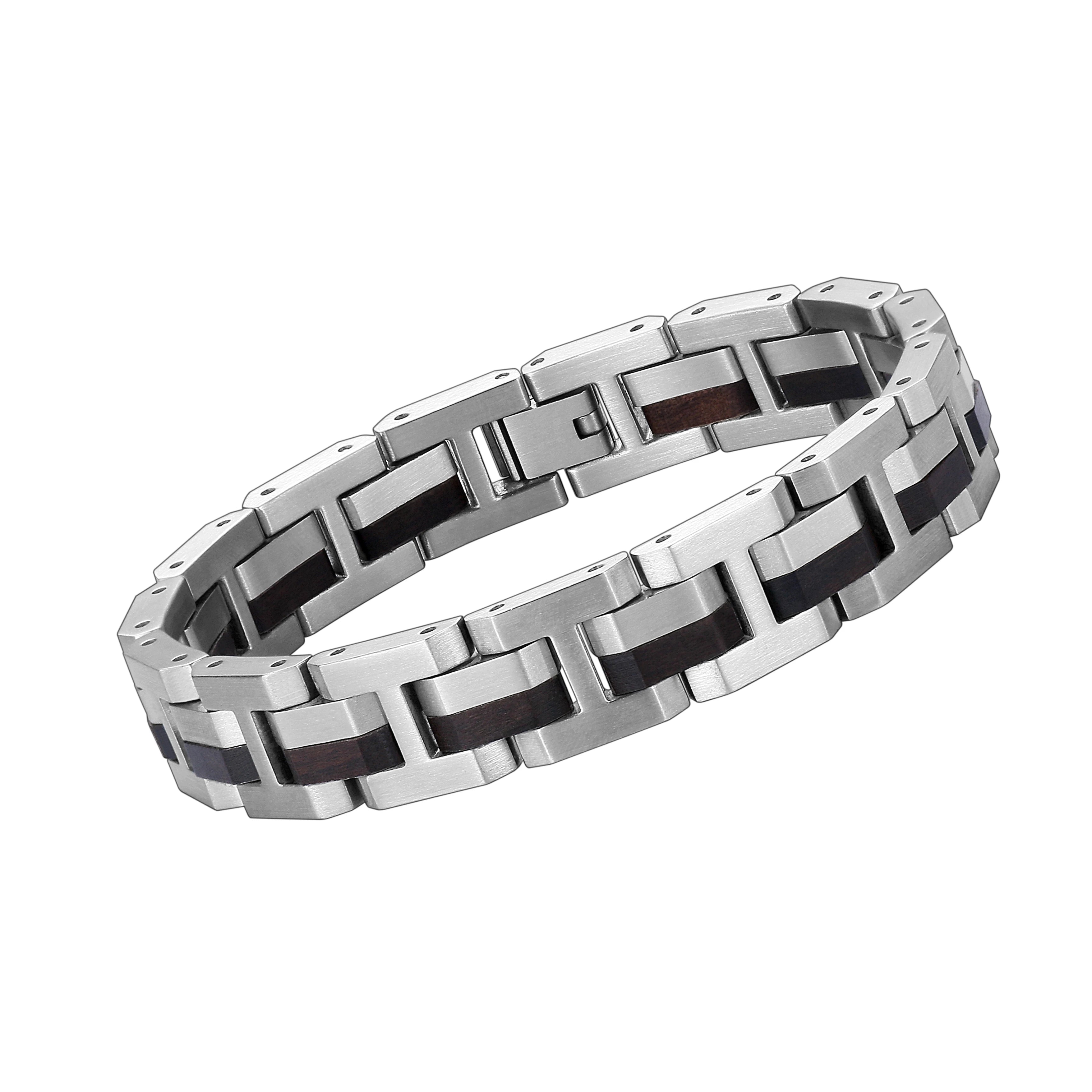 Popular New Design Nature Minimalist Style Custom Logo Male Stainless Steel Wooden Bracelet Men