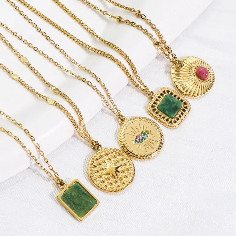 Stainless Steel Non Tarnish High Quality Women Natural Stone Jewelry Baguette Coin Square Pendant Necklace