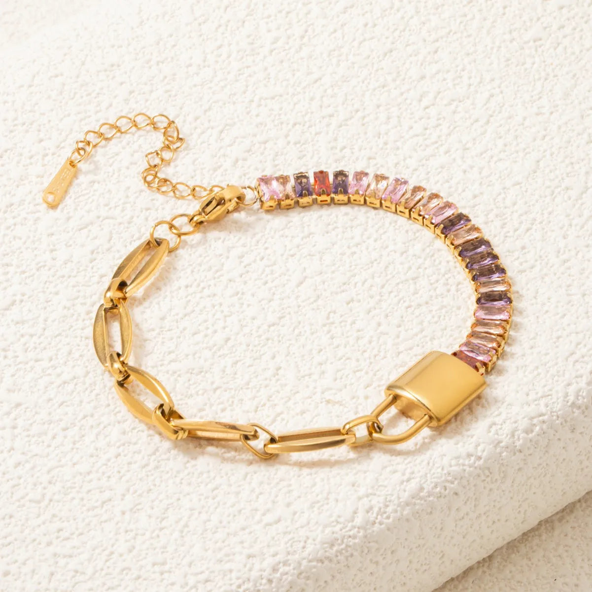 Maiou Trendy Waterproof 18k Gold Plated Stainless Steel Zircon Tennis Chain and Link Patchwork Lock Bracelet for Women Jewelry