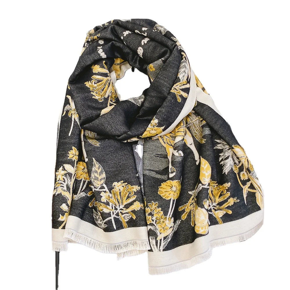 Winter Thickening Warmth With Tassels Double-sided Printed Floral Pattern Shawl Scarf Overlay Shawl With Warm Scarf