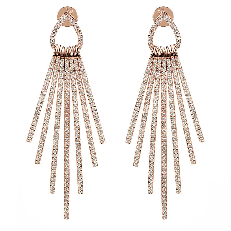 Luxury 925 Sterling Silver Earrings Plated Gold 18k Zirconia Diamond Long Drop Tassel Fringe Earrings for Women Jewelry Party