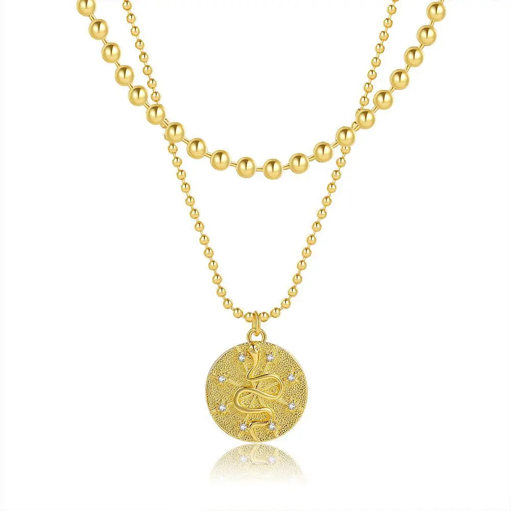 Laodun Ins Style Hot Sales Fashion Necklace Snake Design Pendant Double Layers Charm Brass Zircon Necklace Vermeil