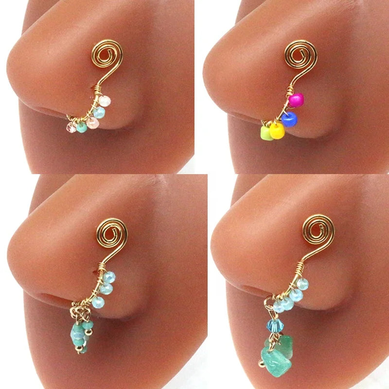 Gaby More Bead Stone Bunny Pendant Faux Nose Ring  Nose Cuff  CZ  Non Piercing  Nose Clip Wholesale Body Jewelry