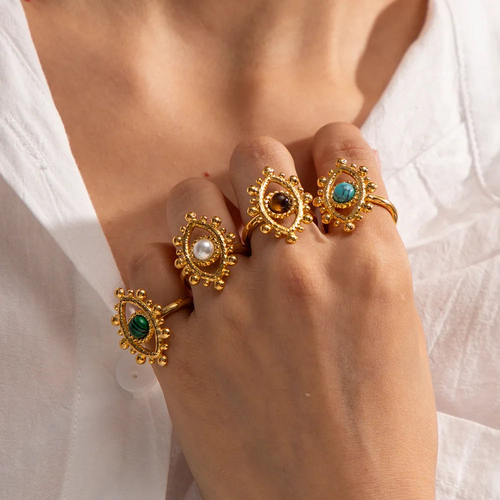 Waterproof 18K Gold Plated Stainless Steel Design Finger Natural Stone Ring Turquoise Malachite Tiger Eyes Stone Evil Eyes Rings