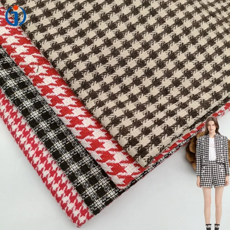 2025 New Arrival Yarn Dyed Brown Polyester Metallic Silver Lurex Houndstooth Check Design Tweed Fabrics for Men Blazer