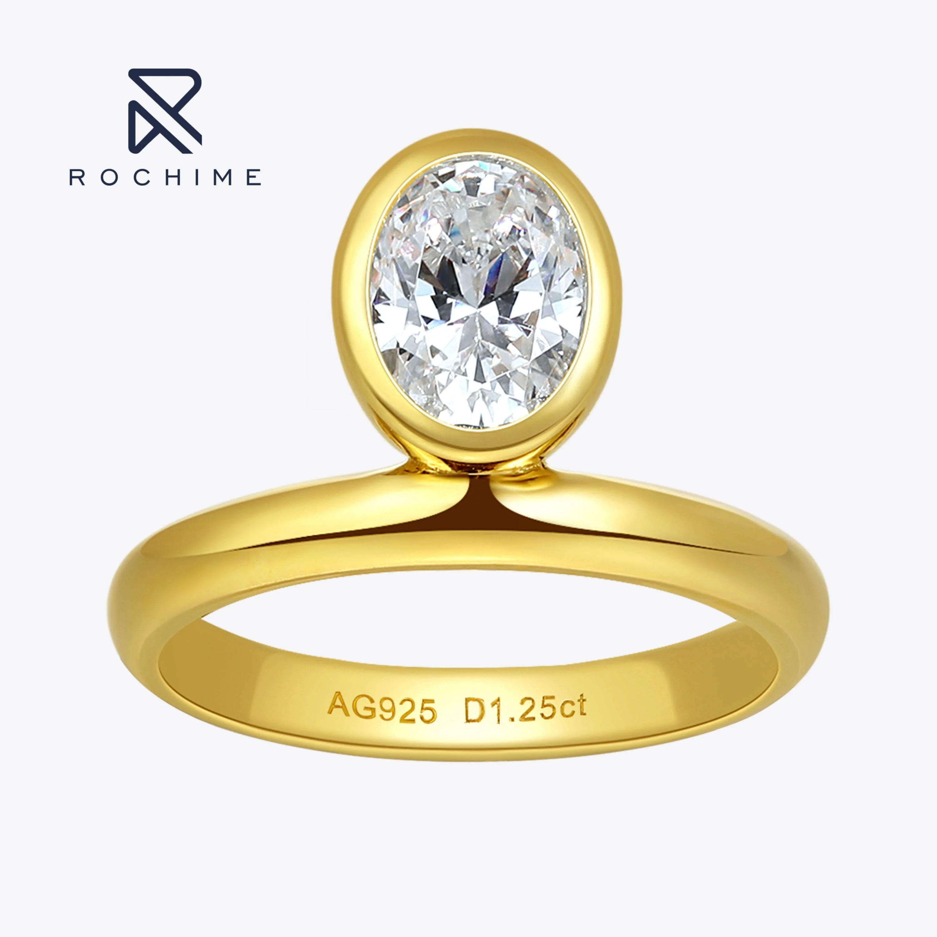 Rochime 18k Gold Plated  Simple Oval Cut Diamond Finger 925 Silver High Jewelry Zircon Gemstone Women Ring