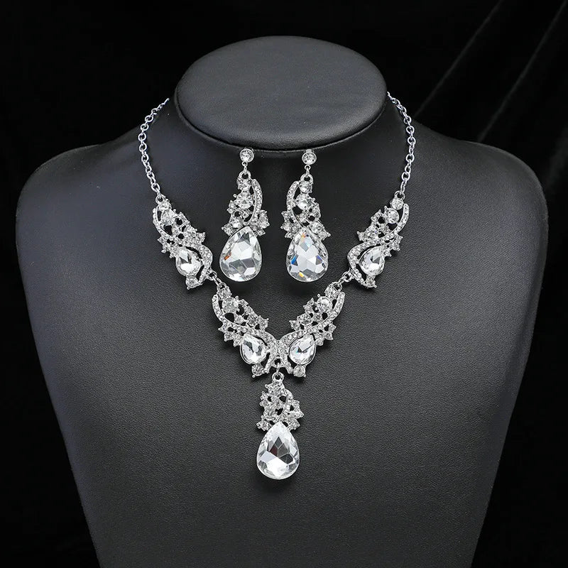 Luxury 2PC/set Women's Rhinestone Crystal Bridal Jewelry Gold Plated Earrings and Necklace for Weddings