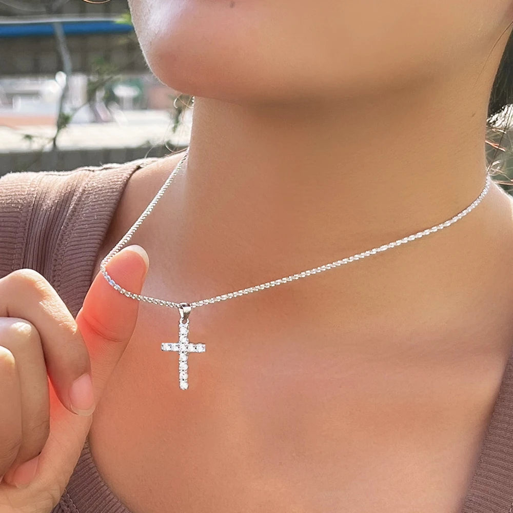 New Arrivals Shiny S925 Sterling Silver Cross Pendant Necklace Glitter Cubic Zirconia Clavicle Chain Double Chain Necklaces