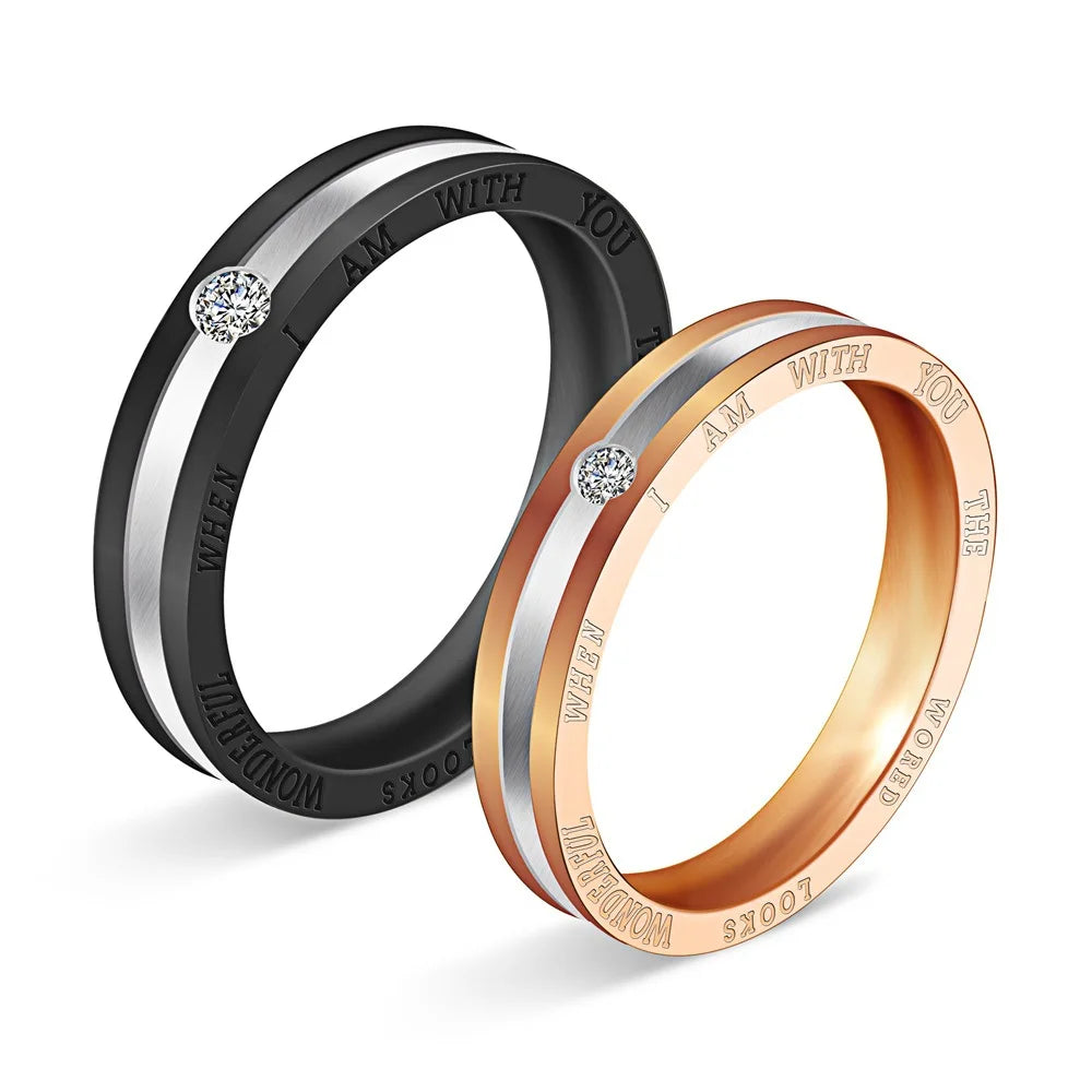 Bulk Fashion Trendy Stainless Steel Rose Gold Black Plated Zircon Promise Wedding Engagement Rings Couple Ring Set for Lovers