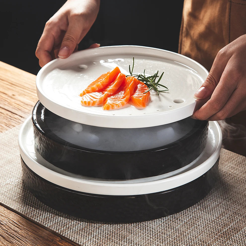 Hotel Tableware Wholesale White Round Plate Ceramic Porcelain 10.5 12 14 Inch Dry Ice Tray Dishes for Restaurant