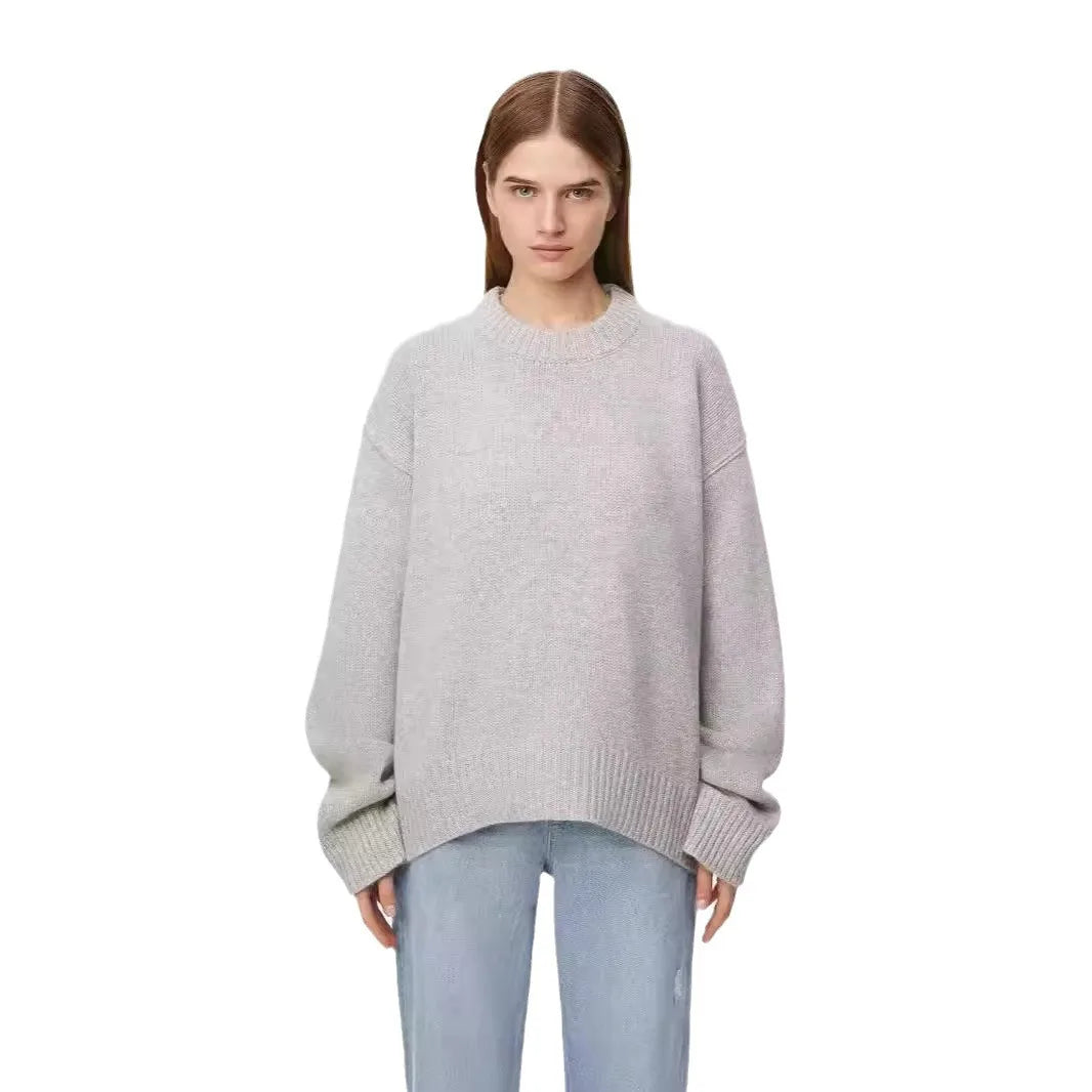 Autumn and Winter Solid Color Round Neck Knitted Sweater Casual Loose Knitted Pullover Knit Sweater Pullover for Women