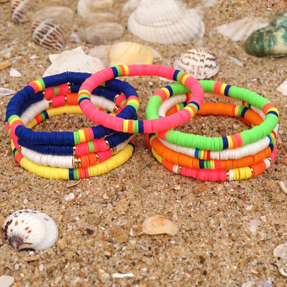 Dress Choice Handmade Rainbow Bead Bracelet Set Colorful Polymer Clay Disc Beads String Boho Surf Stackable Stretch Bracelet