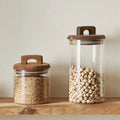 2022 Unique Large 1000ml Dark Acacia Wooden Lid Kitchen Glass Pasta Spaghetti Food Spice Storage Jars with Wood Top Handle