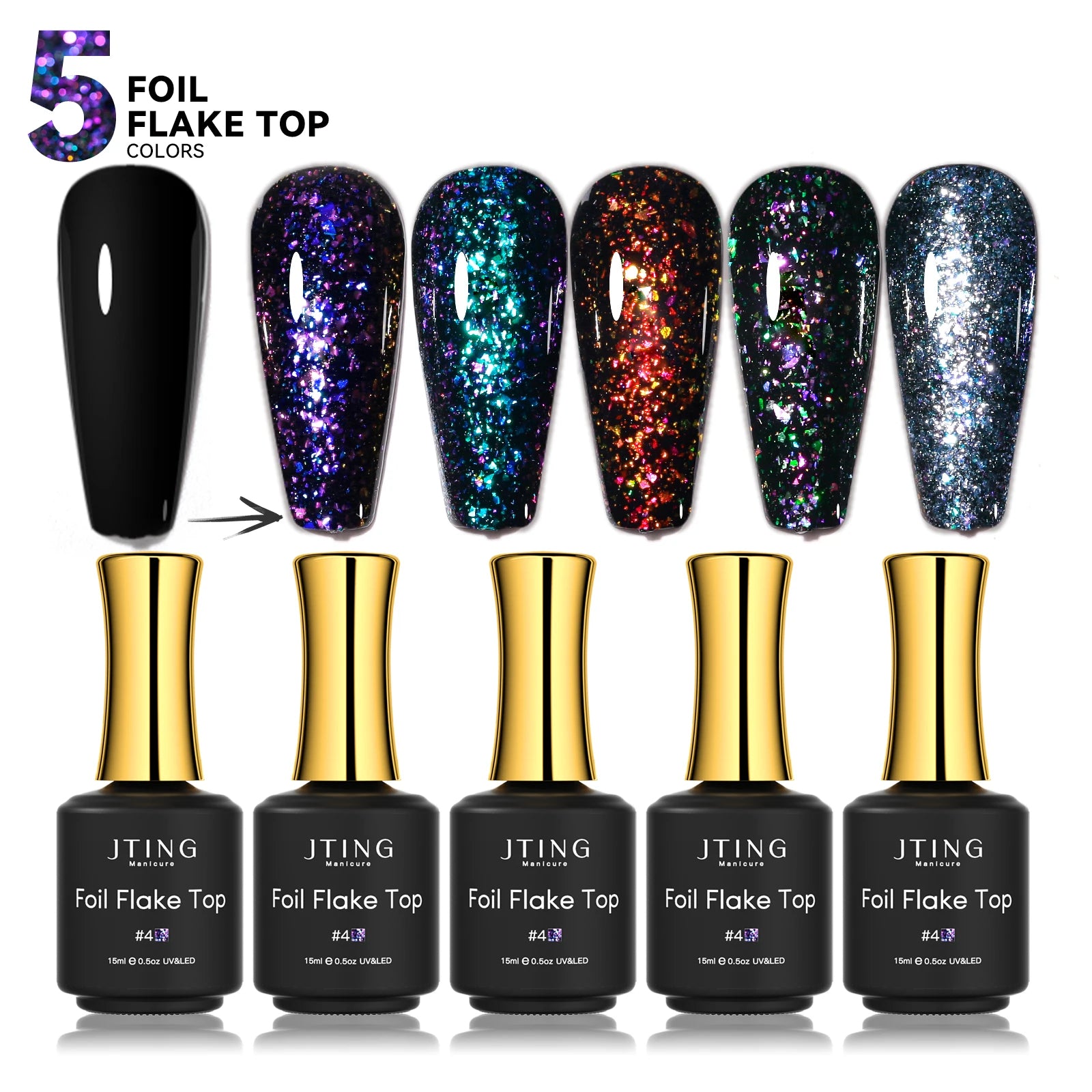 JTING New Popular Design Vegan Hema Free High Pigment Foil Flake Top Coat Gel Polish OEM Custom Unique Brand Bottles