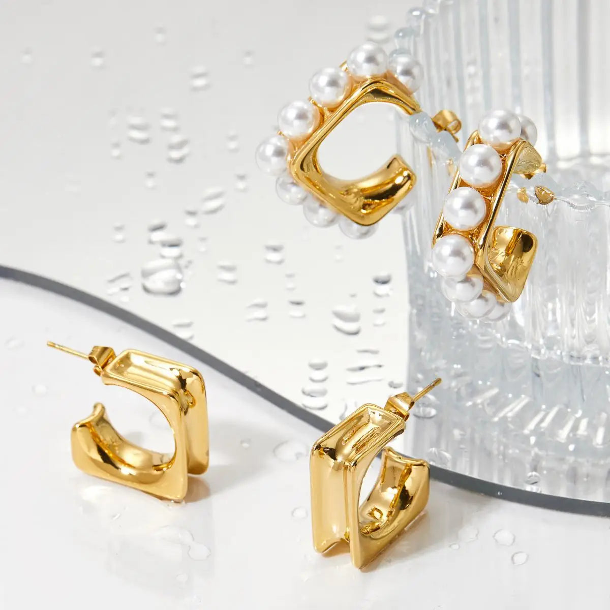 Anti Tarnish Jewelry Women's Accessories Geometric Cute Pearl Earrings Gold Hoop Earrings Stainless Steel Jewelry for Women