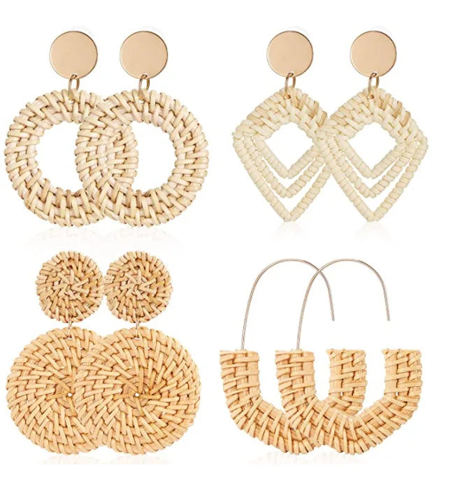 Jachon Fashion Rattan Earrings Lightweight Tassel Woven Bohemian Earrings Handmade Straw Wicker Braid Hoop Drop Dangle