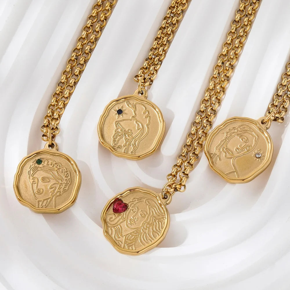 JOOLIM Ready to Ship High End Stainless Steel Greek Goddess Zirconia Pendant Necklace 18K Gold Plated Jewelry Wholesale