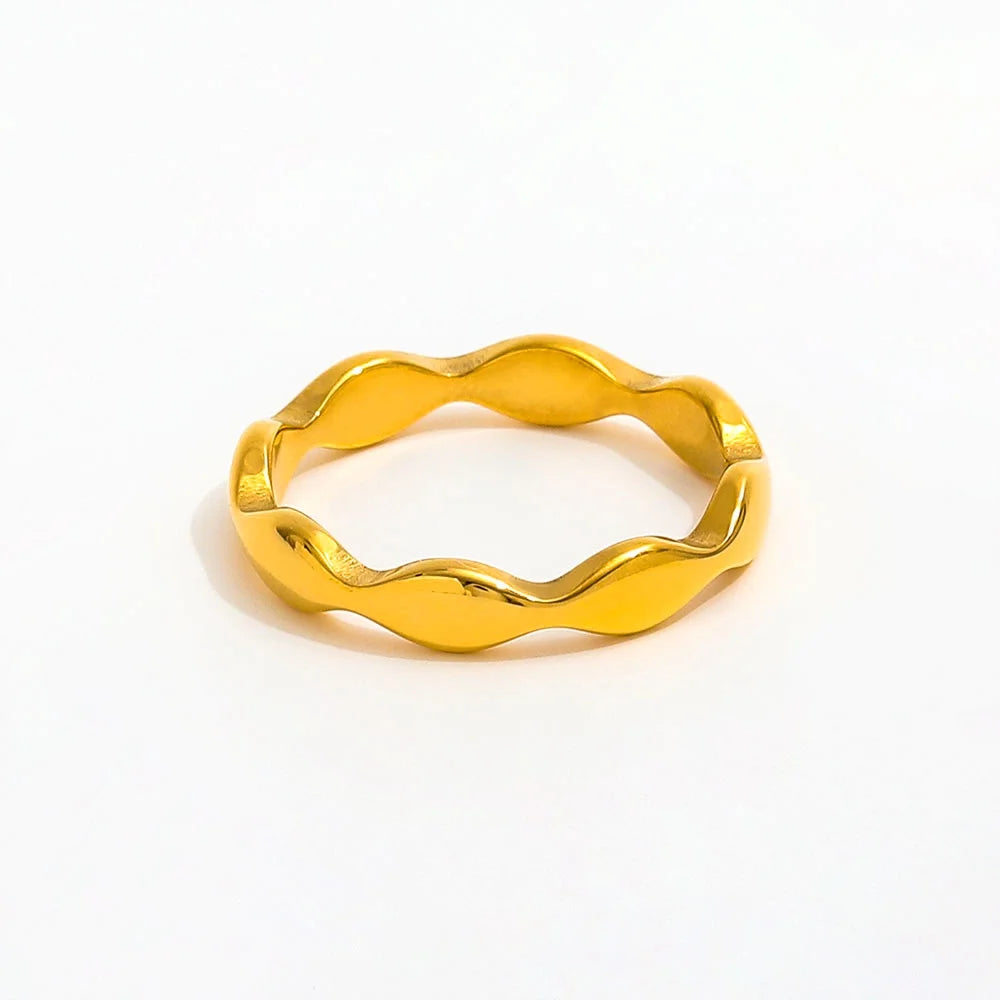 18K Gold Plated Trendy Ring High-End Stainless Steel Elegant Religious Wave-like Eternity Jewelry Tarnish-Free