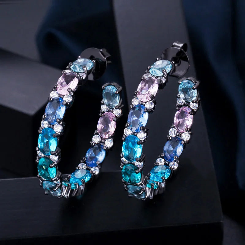 Sparkly Big Circle Round Silver Plated Multi Color Blue Cubic Zirconia Crystal Women Hoop Earrings Luxury CZ Jewelry Gift