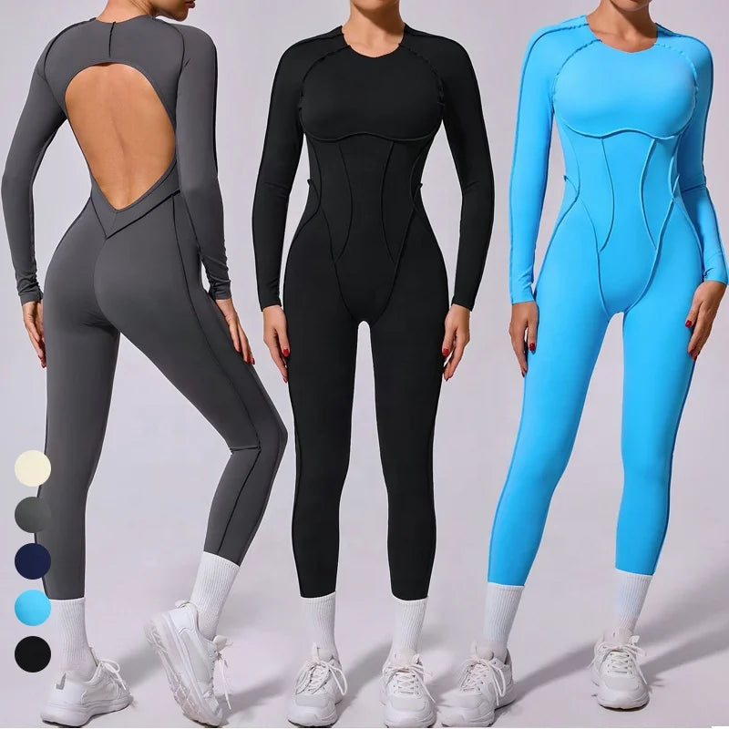 Women's Workout Yoga Jumpsuit Crew Neck Long Sleeve Open Back Sports Romper One Piece Cutout Full Length Unitard Shapewear