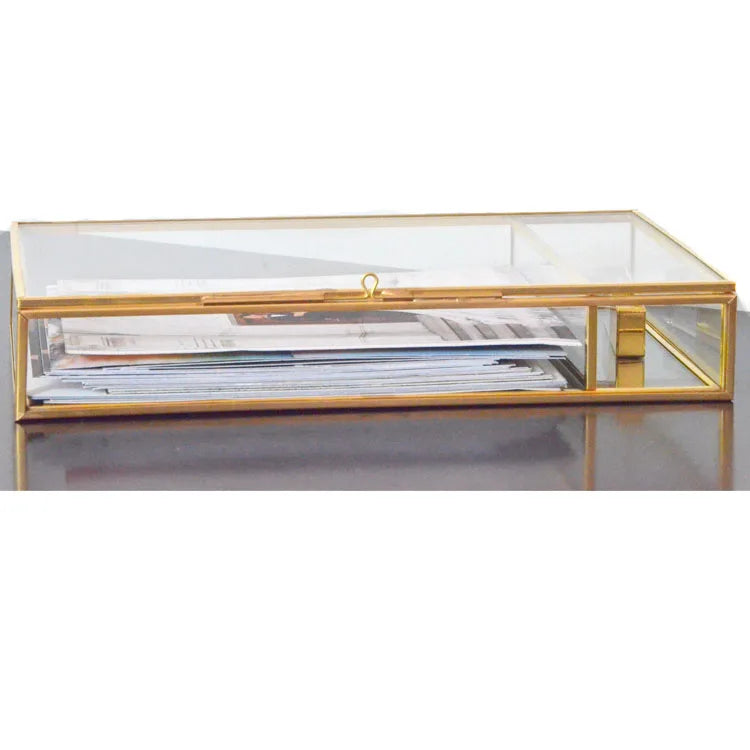 21.5x12x3.8cm Rectangle Glass and Brass Photo Storage Case with USB Slot for 4x6 5x7 6x4 Inches