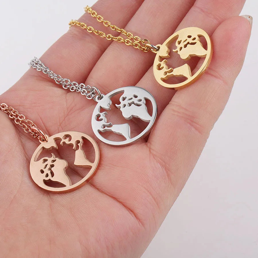 Travelling Gift Jewelry 18k Gold Plated Stainless Steel Round Circle Hollow Globe Earth World Map Pendant Necklace for Men Women